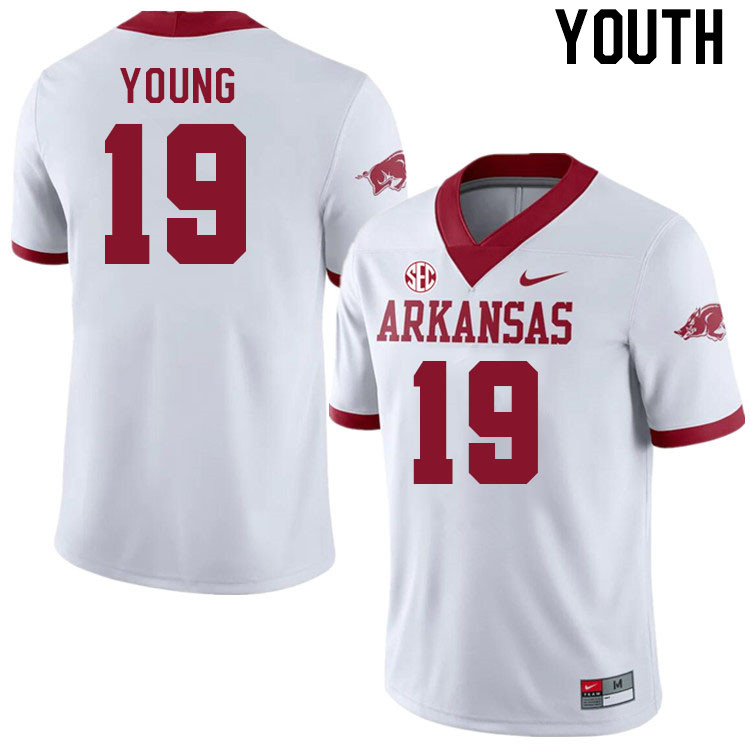 Youth #19 Dallas Young Arkansas Razorback College Football Jerseys Stitched Sale-Alternate White - Click Image to Close